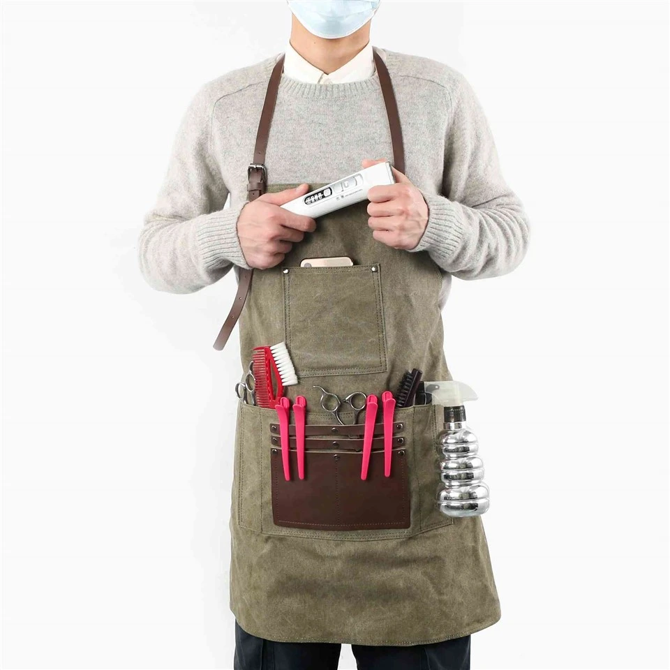 Heavy Duty Waxed Canvas Salon Apron With Leather Pockets & Adjustable Neck Strap